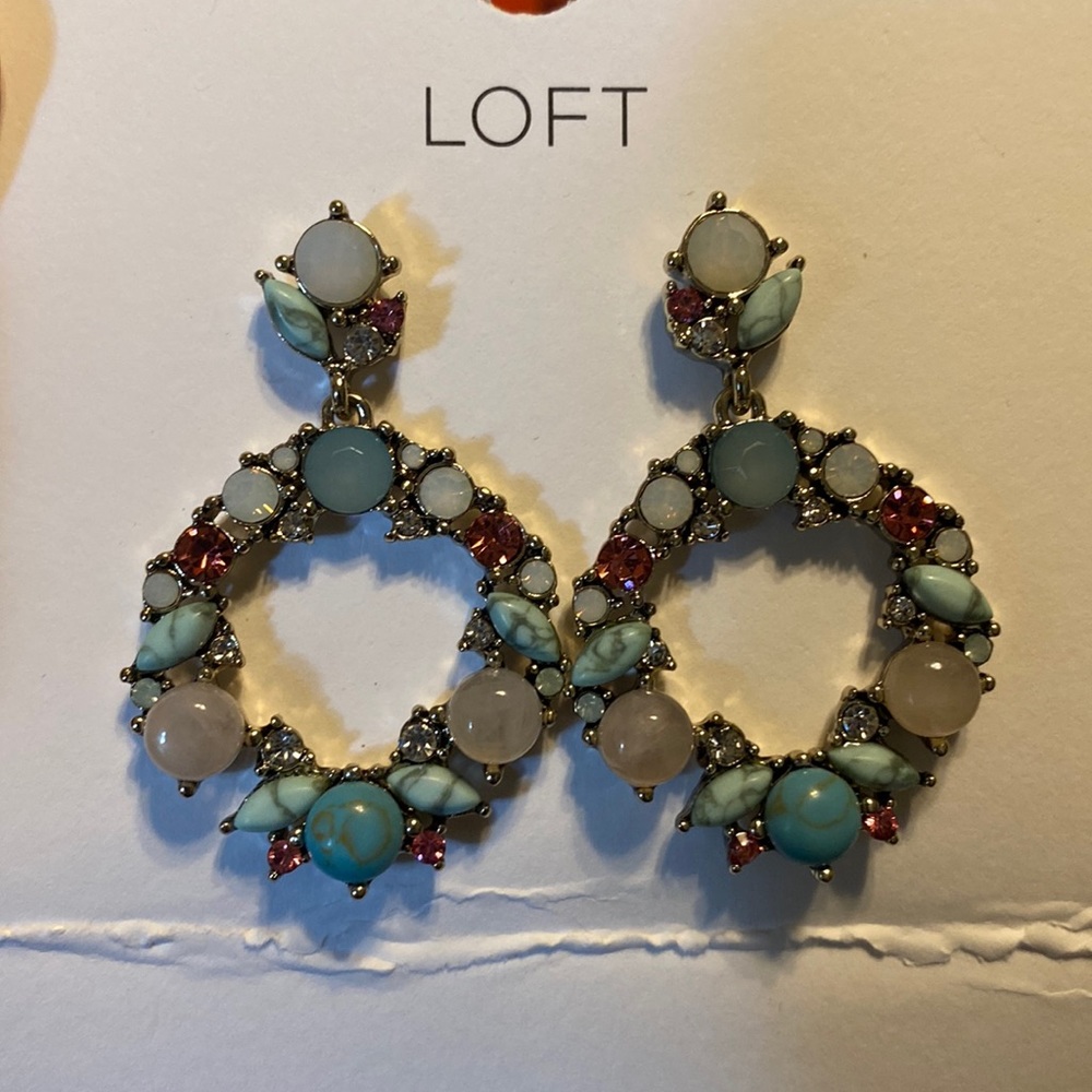 NWT Loft Multicolored Drop Gem Earrings with Iridescent, Rosy, and Turquoise